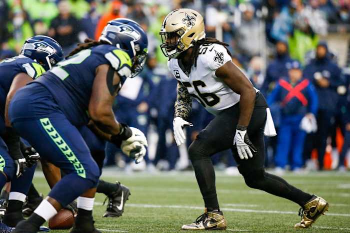 Oct 25, 2021; New Orleans Saints outside linebacker Demario Davis (56) waits for a snap against the Seattle Seahawks. Mandatory Credit: Joe Nicholson-USA TODAY Sports